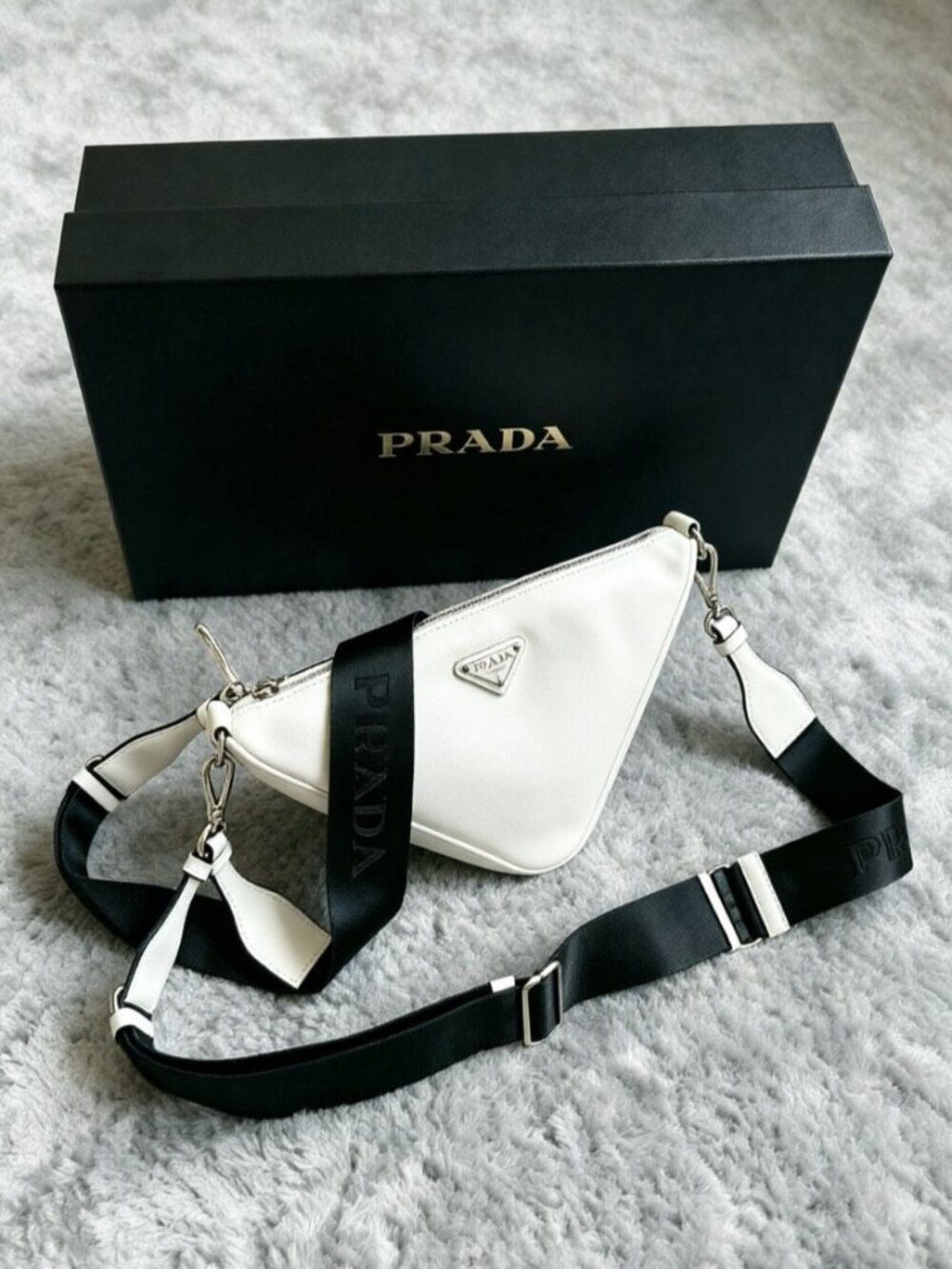 Prada Triangle Leather Shoulder Bag White